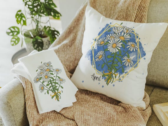 custom April birth flower throw pillow for sofa, daisy kitchen towel, April birthday gifts for her, botanical throw pillow covers 18x18