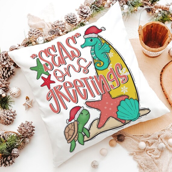 seasons greetings Christmas turtle decorative pillow covers tropical Christmas throw pillows for kids playroom, beach Christmas best sellers