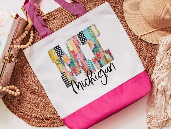 faux patchwork Michigan tote bag for library books, Michigan Christmas gifts for realtors, boho Michigan girls trip tote bags for women