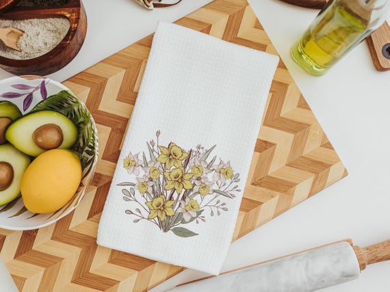 daffodil kitchen decor, floral hand towels for besties, March birth flower gift for friend birthday gifts for her, guest bathroom must haves