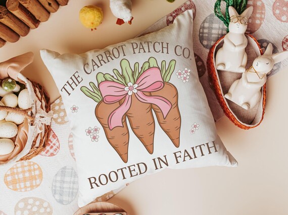 rooted in faith Christian throw pillows for couch, carrot patch gardener gifts for women, cute Spring decorative pillows for sofa, Easter