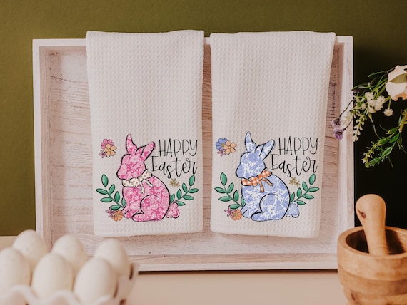 blue chinoiserie Easter bunny kitchen towel for Mom, pink toile de jouy Happy Easter hand towels for bathroom, grand millennial Easter tea