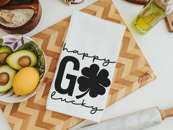 happy go lucky St Patricks day hand towel for powder room, black shamrock St Pattys day kitchen towels, Irish gifts for friends, best gifts