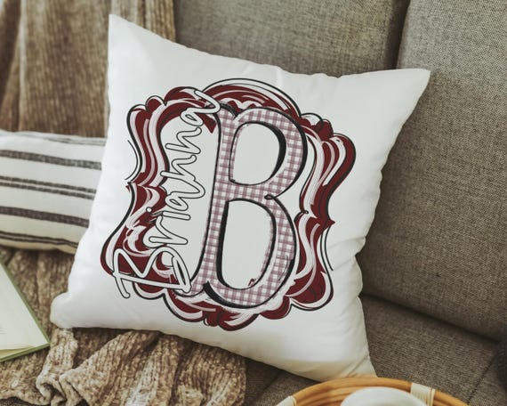 Personalized Maroon Gingham Initial Throw Pillow