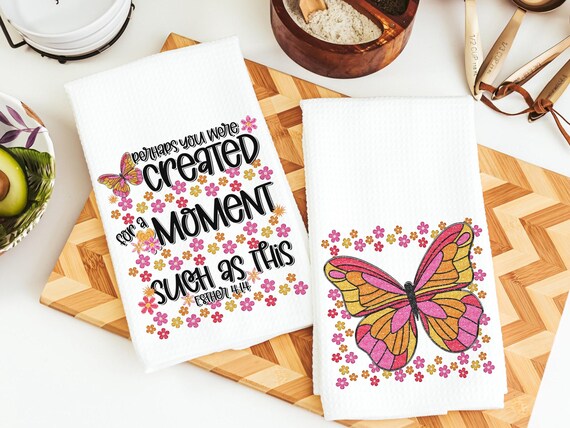 perhaps you were created for Esther 4 14 kitchen towels for bridal shower, Christian kitchen finds, faith gift for her, floral kitchen decor