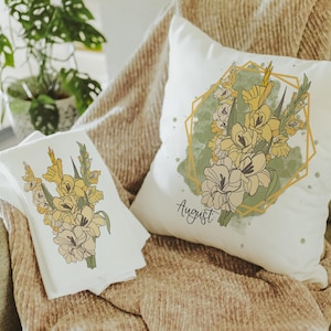 gladiolus flower throw pillow for bed, August birth month flower gifts for her, August birthday gifts for friend, yellow gladiolus kitchen
