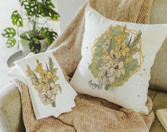 gladiolus flower throw pillow for bed, August birth month flower gifts for her, August birthday gifts for friend, yellow gladiolus kitchen