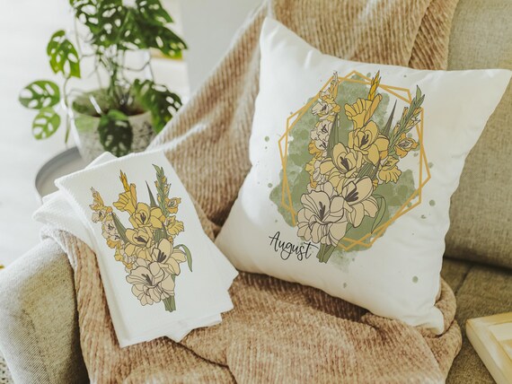 gladiolus flower throw pillow for bed, August birth month flower gifts for her, August birthday gifts for friend, yellow gladiolus kitchen