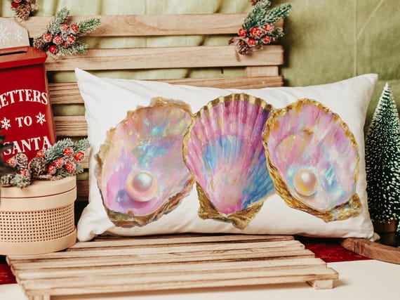 beach lumbar pillows for bedroom, opalite pearl oyster throw pillow for couch, beach Christmas gifts for beach lovers, coastal decorative