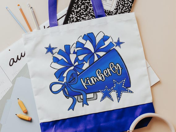 personalized 2026 cheer tote bag with name, blue school spirit cheer squad gifts, travel cheer bag for girls, cheerleader gifts from coach