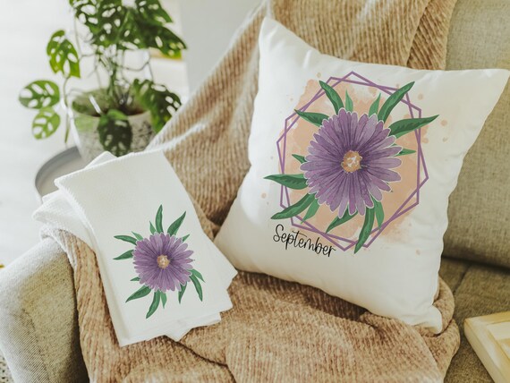 purple aster throw pillows for couch, September birth flower gift for friend, September birthday gifts for sister, aster flower hand towels