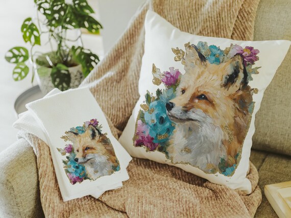 watercolor fox throw pillow for dorm, floral fox kitchen towels, college apartment decor, fox gifts for women, college gifts for girls, best