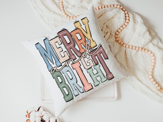 merry and bright holiday throw pillows for couch boho Christmas decorative pillows for guest bed, trending Christmas gifts for neighbors