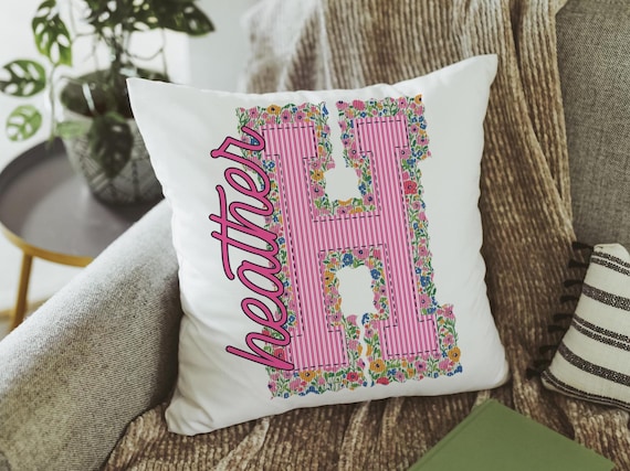 personalized pink preppy throw pillow with name, floral seersucker pillow for college student, teenage girl gifts, Christmas gifts for girls