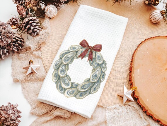 oyster shell Christmas wreath xmas kitchen hand towels coastal Christmas kitchen towel for winter, holiday hosting decor home decor gift