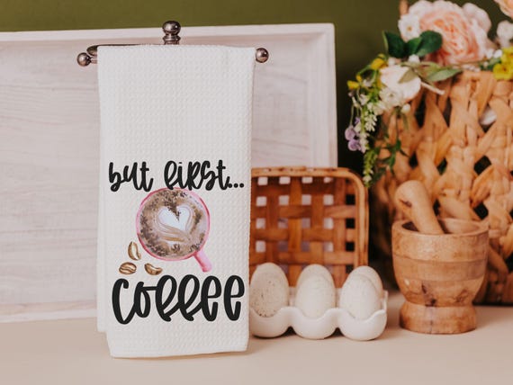 but first coffee kitchen towels for friends, coffee lover gifts for her, cute Valentines hand towels for bathroom, Galentines day gifts for