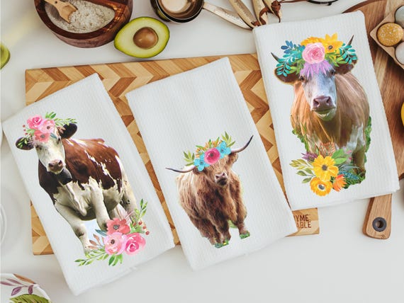 boho cow kitchen towels for mom, floral cow hand towels for bathroom, highland cow kitchen decor, cute cow gifts for cow lovers, first home
