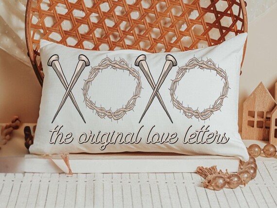xoxo the original love letters Christian throw pillows for bed, religious lumbar pillow cover 12 x 20, crown of thorns and nails, faith gift