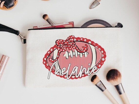 personalized red school spirit pencil bag with name, red seersucker football cheer Christmas gifts for girls, cute cheerleader makeup bag