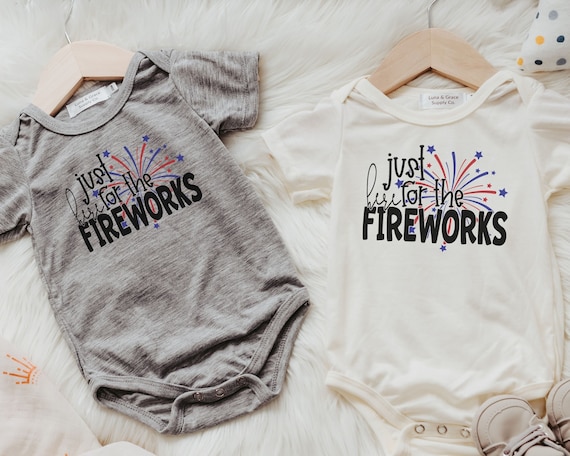 patriotic newborn fireworks outfit, just here for the fireworks bodysuit, July baby outfit boy, for girl, patriotic gift for babies, best