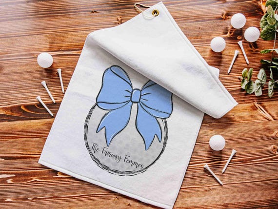 personalized golf towel with grommet, blue coquette bow golf bag towel for women, cute golf gifts for her, lady golfer gifts, ball towel