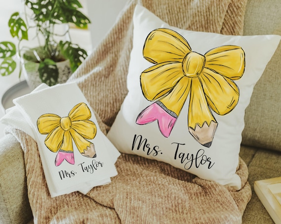 personalized teacher coquette throw pillows for couch, pencil bow kitchen towels for gifts, cute teacher appreciation gifts for women, best