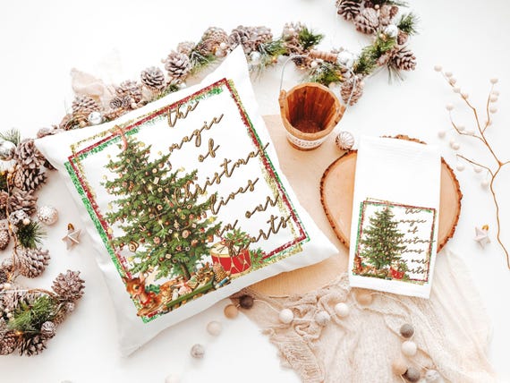 the magic of Christmas throw pillow for couch, unique Christmas hostess gift for women, festive Christmas kitchen towels for friends, secret