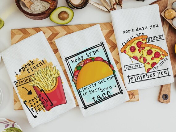 I speak fluent french fries funny kitchen towels, foodie gift, taco kitchen hand towels, fiesta kitchen decor, pizza gifts for her, taco
