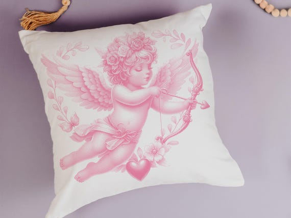 baby pink cupid coquette Valentines throw pillow covers 18x18, Galentines day gifts for friends, Valentines day decorative pillows for girls