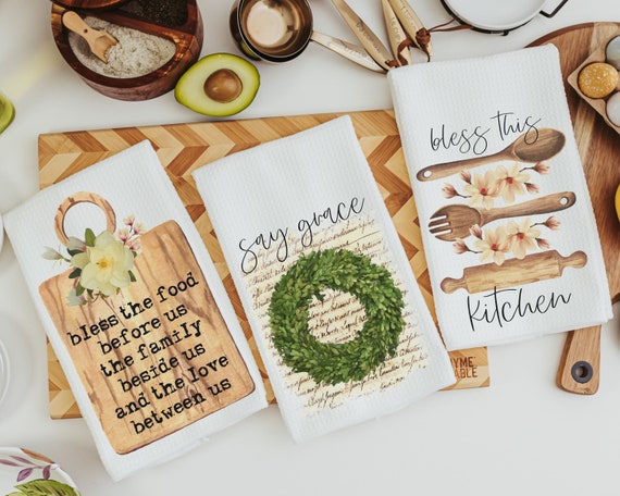 bless this food before us farmhouse kitchen towels, Christmas gifts for Mom from daughter, stocking stuffers for women, bless this kitchen