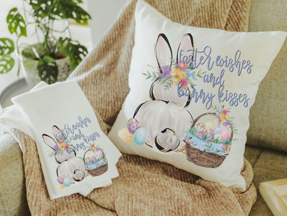 Easter wishes and bunny kisses watercolor Easter throw pillows for sofa, floral Easter bunny kitchen towels cute Easter gifts for wife, best