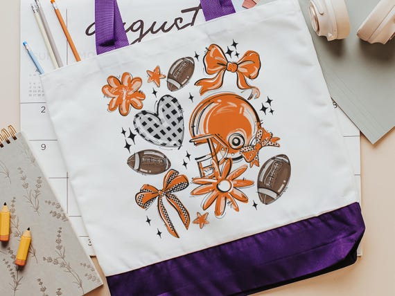 orange school spirit tote bags for teenage girls, football mom game day bags for women, trendy school supplies, tailgate gear, team pride