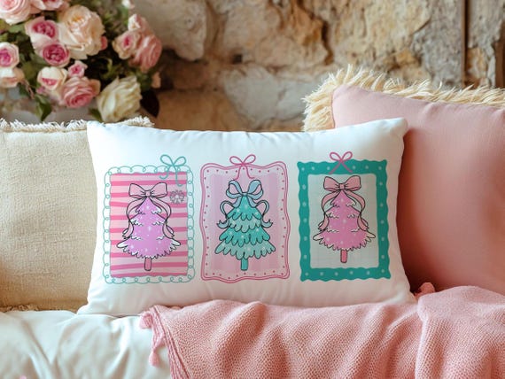 pastel Christmas tree lumbar throw pillows for couch pink Christmas decorative pillows for girls, Christmas housewarming gift for daughter