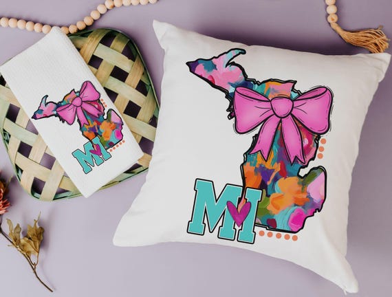 watercolor Michigan throw pillow for bed, pink bow coquette kitchen towels for gifts, college care package for girls, cute Michigan gift set