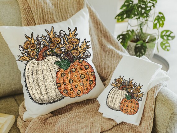 faux sequin sunflower throw pillow for sofa, fall decor for home, white pumpkin kitchen towel, Thanksgiving hostess gifts for women, orange