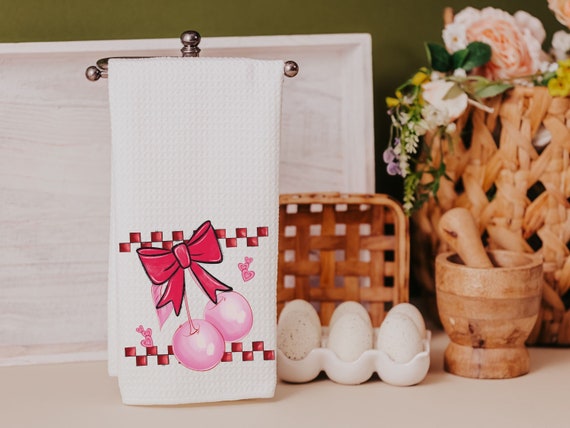 cherry bow Valentines kitchen towel for friends, rockabilly decor, cute Valentines gifts for girlfriend, 1950s inspired retro kitchen decor