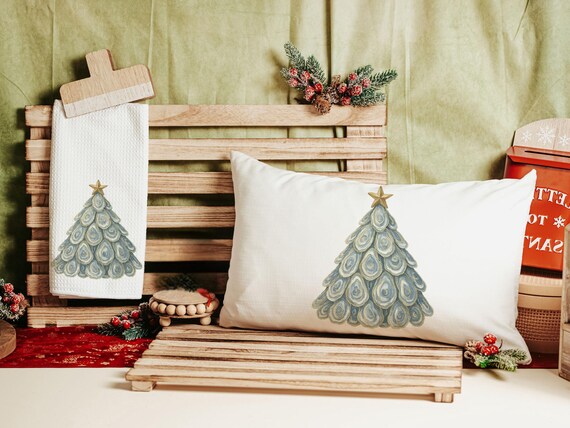 coastal Christmas tree throw pillows for guest room, beach Christmas gifts for neighbors, oyster shell decorative pillows for sofa, holiday