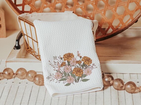 marigold flower kitchen towels, fall host gift, October birthday gifts for her, blush pink cosmos flower hand towels, fall style gift, guest