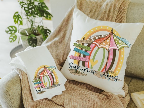 summer vibes throw pillows for couch, beach house decor for kitchen, summer decor for home, beachy rainbow kitchen hand towels, 70s inspired