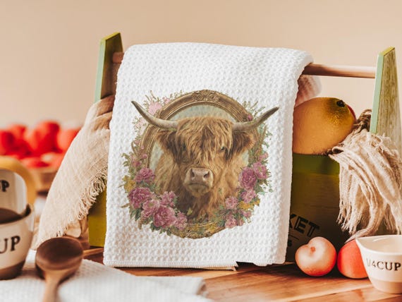 shaggy cow kitchen towels for Christmas gifts for neighbors, highland cow kitchen decor, floral cow gifts for cow lovers, secret Santa gifts