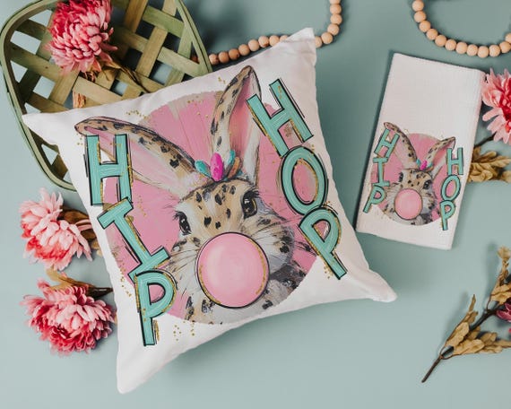 hip hop Easter bunny kitchen towels for gifts, bubblegum bunny Easter throw pillows for kids, cute Easter kitchen decor, Easter hostess gift