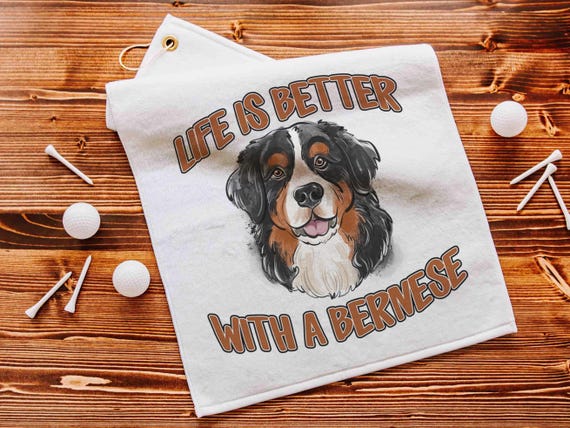 life is better with dogs golf towel Christmas gifts for golfers, golf stocking stuffers, Bernese mountain dog gift for him, golf bag towel