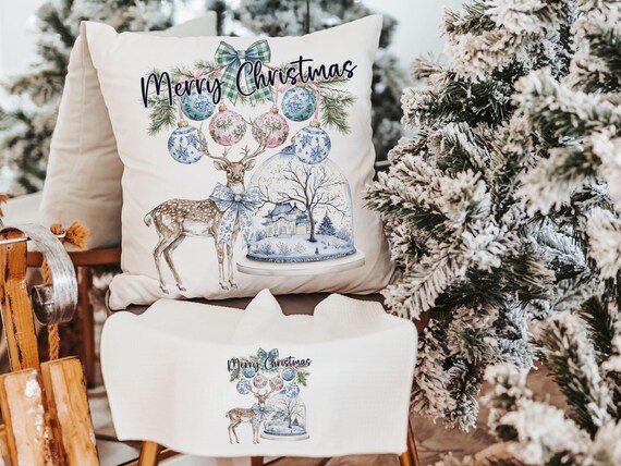 deer Christmas throw pillow for couch, chinoiserie Christmas decor for indoors, woodland Christmas kitchen towels, Christmas hostess gifts