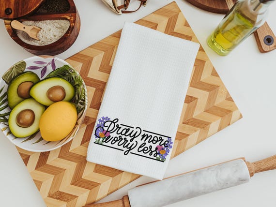 pray more worry less floral kitchen towels for Mom, inspirational Christian kitchen decor, godmother gifts from goddaughter, wildflower dish