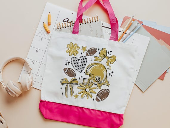 football coquette tote bag for college, gold school spirit items, high school football game day gifts, powderpuff football tote for games