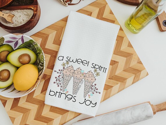 a sweet spirit brings joy ice cream kitchen towel, Christian gifts for best friends, faith based housewarming gifts for her, bathroom hand