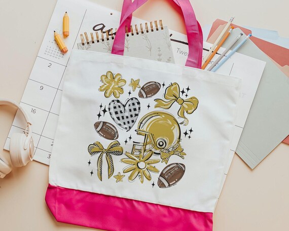 football coquette tote bag for college, gold school spirit items, high school football game day gifts, powderpuff football tote for games