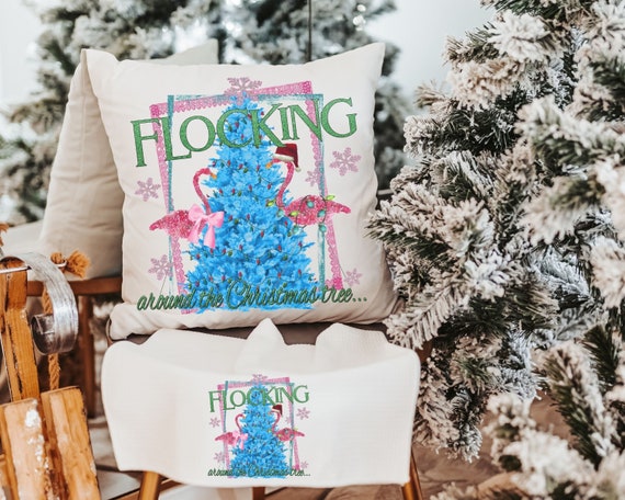 flocking around the Christmas tree flamingo pillow, beach Christmas gifts for best friend, secret Santa gifts for women, Christmas hostess