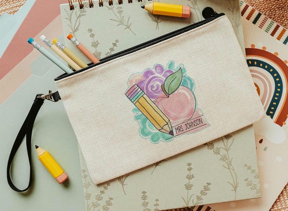 personalized watercolor apple and pencil pouch makeup bags for women, school supplies, cute pencil bag for purse, back to school gifts for
