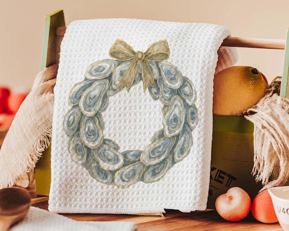 oyster shell Christmas wreath throw pillows for living room, oyster Christmas hand towels for bathroom beach Christmas gifts for neighbors